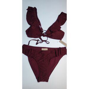 Robin Piccone Bikini Swim Top M Color Burgandy  Bottom Mid Rise Floral Sz M